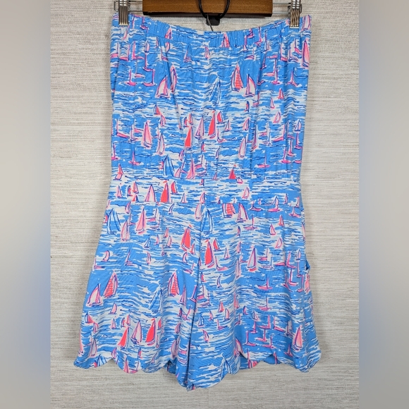 Lilly Pulitzer Jace Romper Zanzibar Blue Sailboats Medium Strapless Pink - Picture 11 of 12